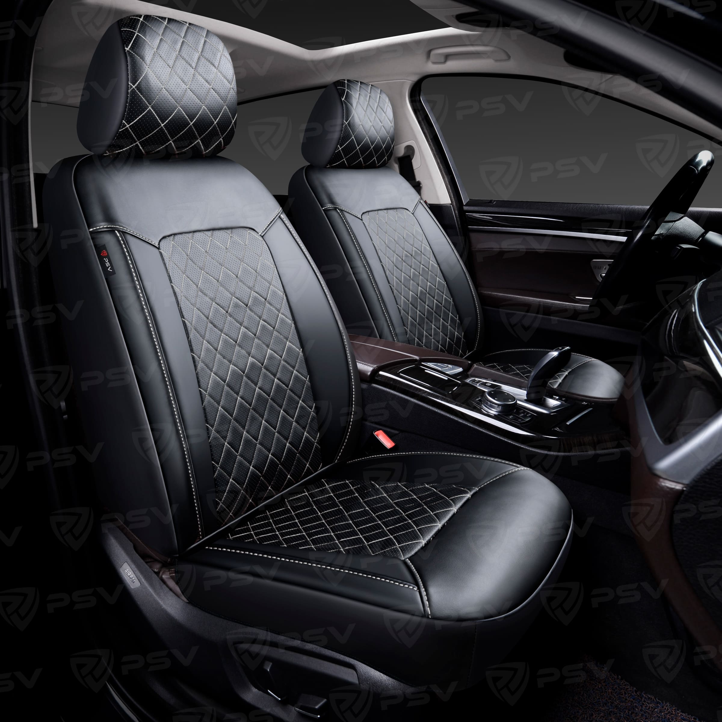 Чехлы PSV Elegant Next 2 FRONT (Черный/Ромб белый/отстрочка белая), ромб + экокожа