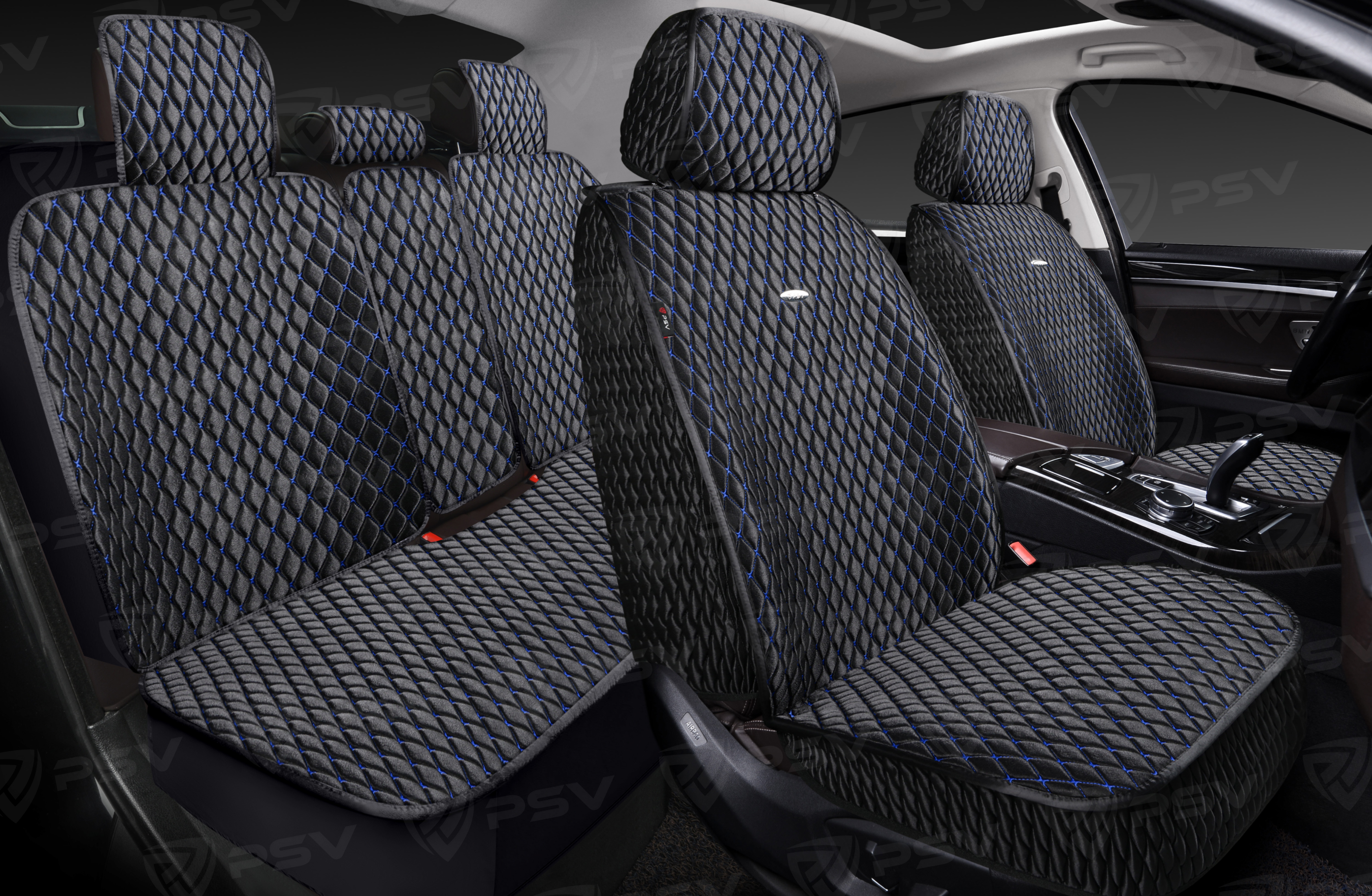 Накидки 5D PSV Xolodok (Черный/Отстрочка Синяя), комплект на весь салон, холодок