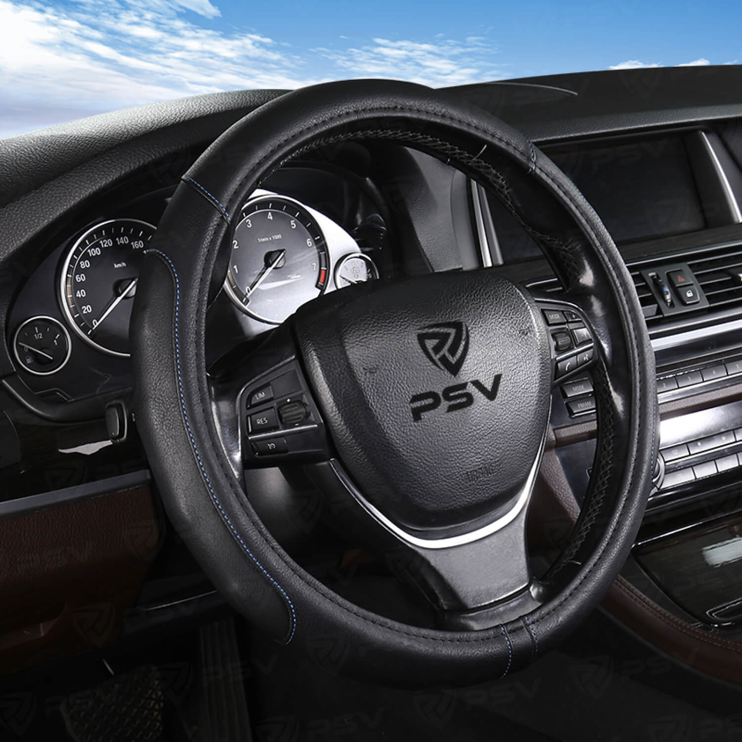 Оплетка на руль PSV AREOLA (Черный/Отстрочка синяя) M,экокожа (ХИТ ПРОДАЖ)