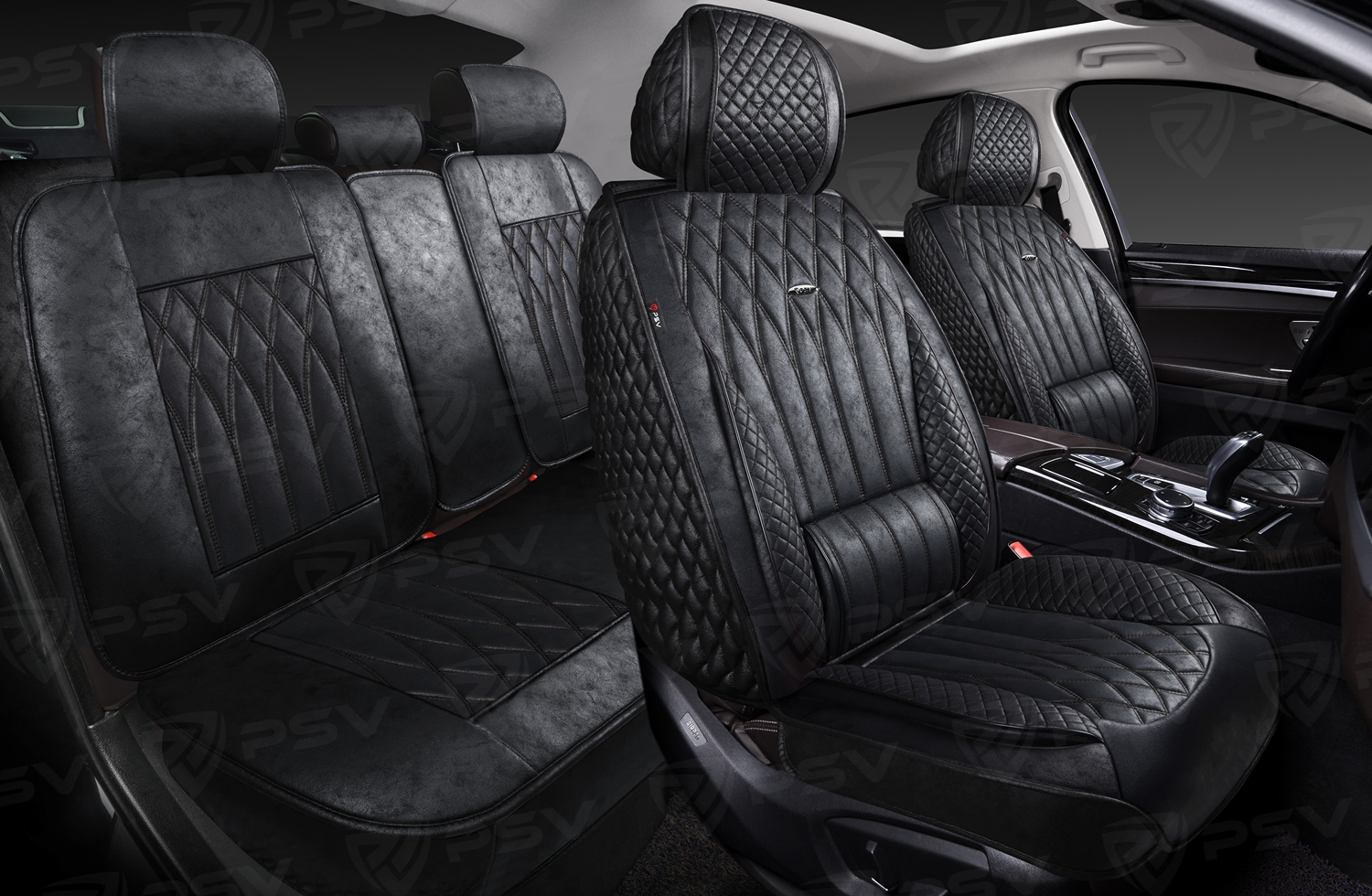 Накидки 5D PSV Titan Skin (Черный/Отстрочка Черная), комплект на весь салон, мокрая кожа