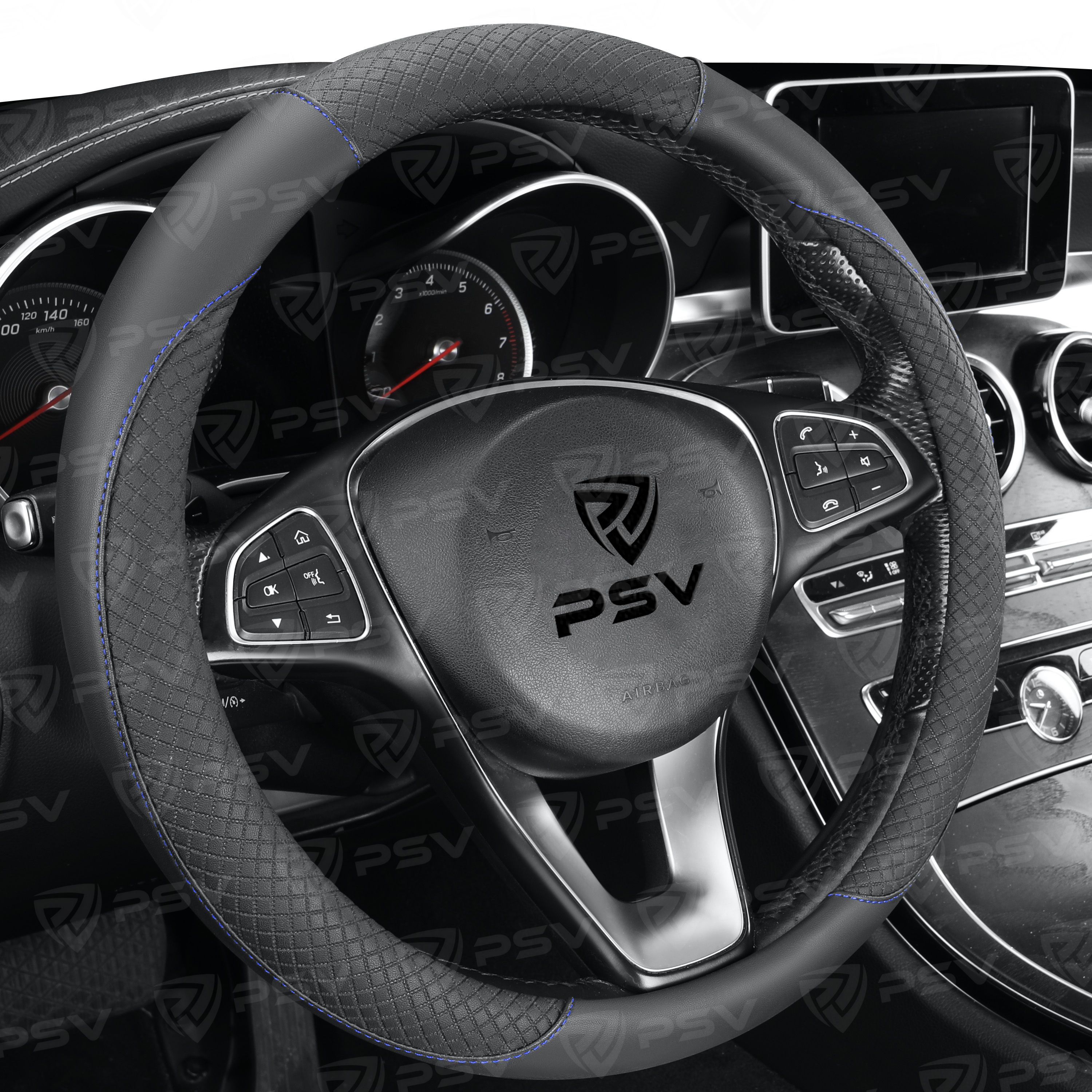 Оплетка на руль PSV GREAT (Черный/Отстрочка синяя) M, экокожа