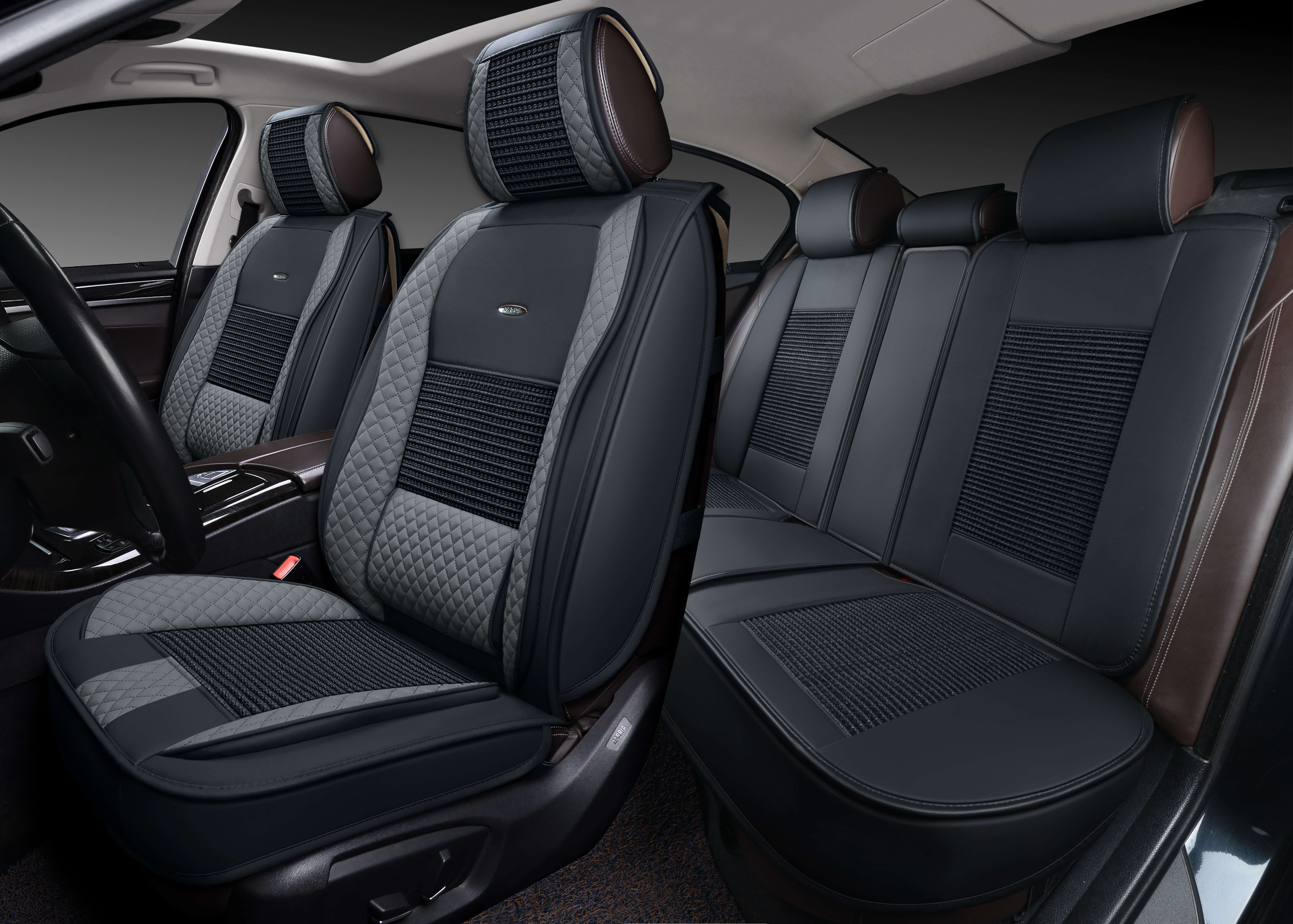 Накидки 3D PSV Lint (Черно-Серый), комплект на весь салон, экокожа + льняное плетение (ХИТ ПРОДАЖ)