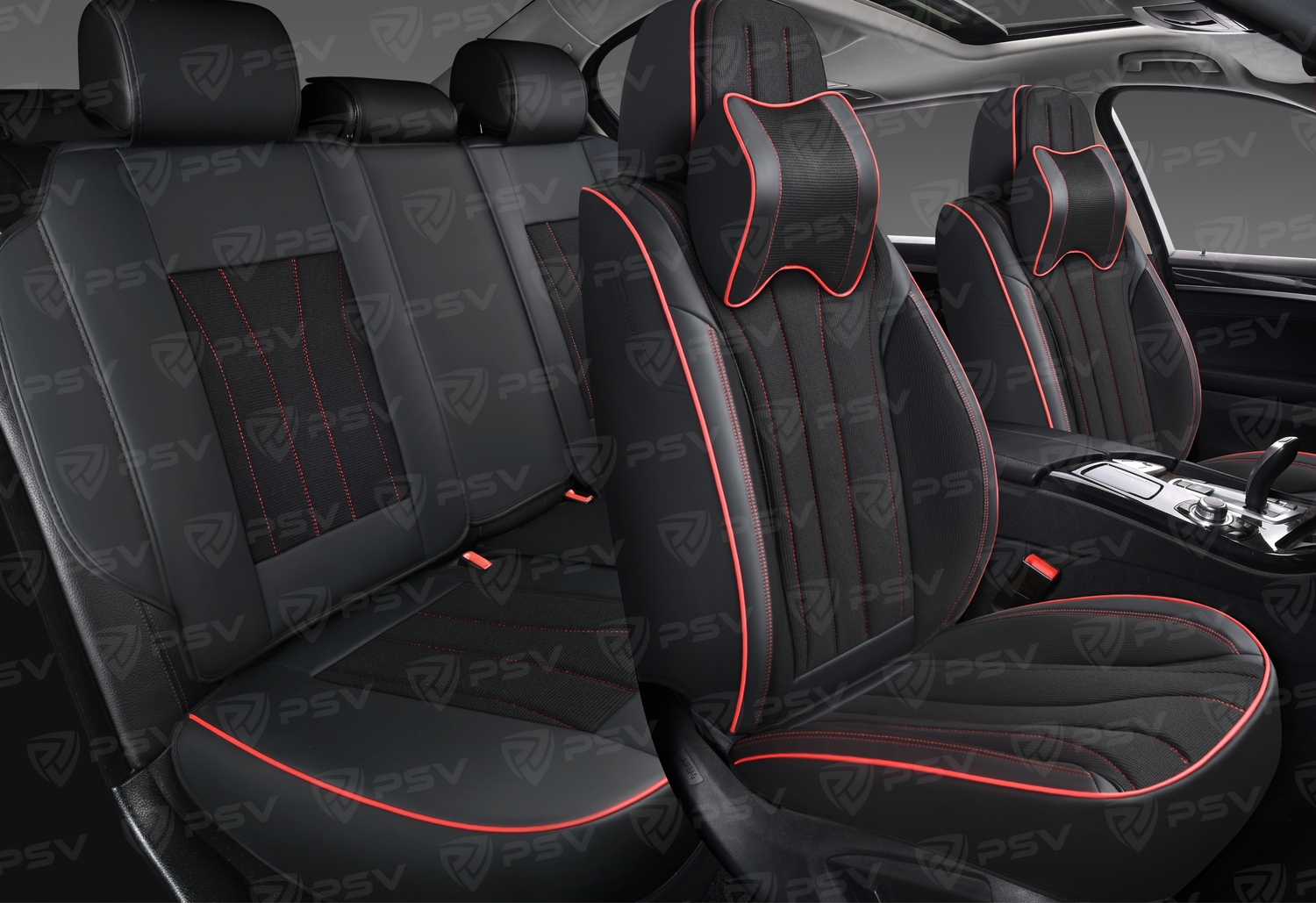 Накидки 5D PSV Wonder (Черный/Отстрочка красная), комплект на весь салон