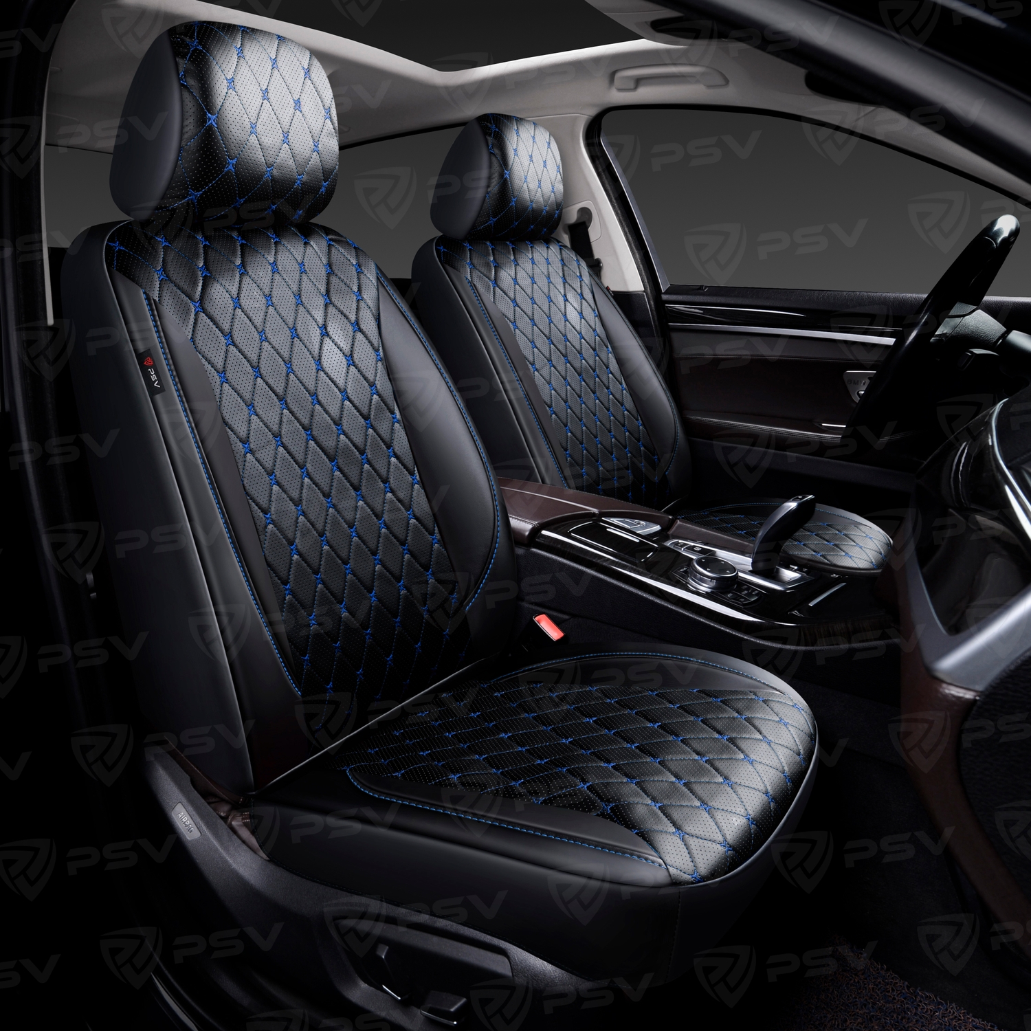 Чехлы PSV Graf Next 2 FRONT (Черный/Ромб синий "Бабочка"/отстрочка синяя), ромб + экокожа