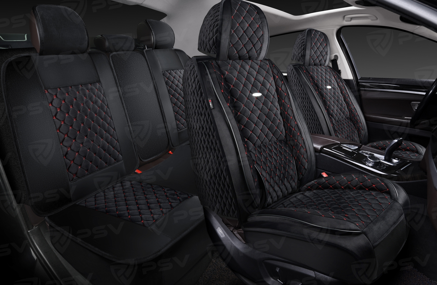 Накидки 5D PSV Favorit Velur (Черный/Отстрочка Красная), комплект на весь салон, велюр