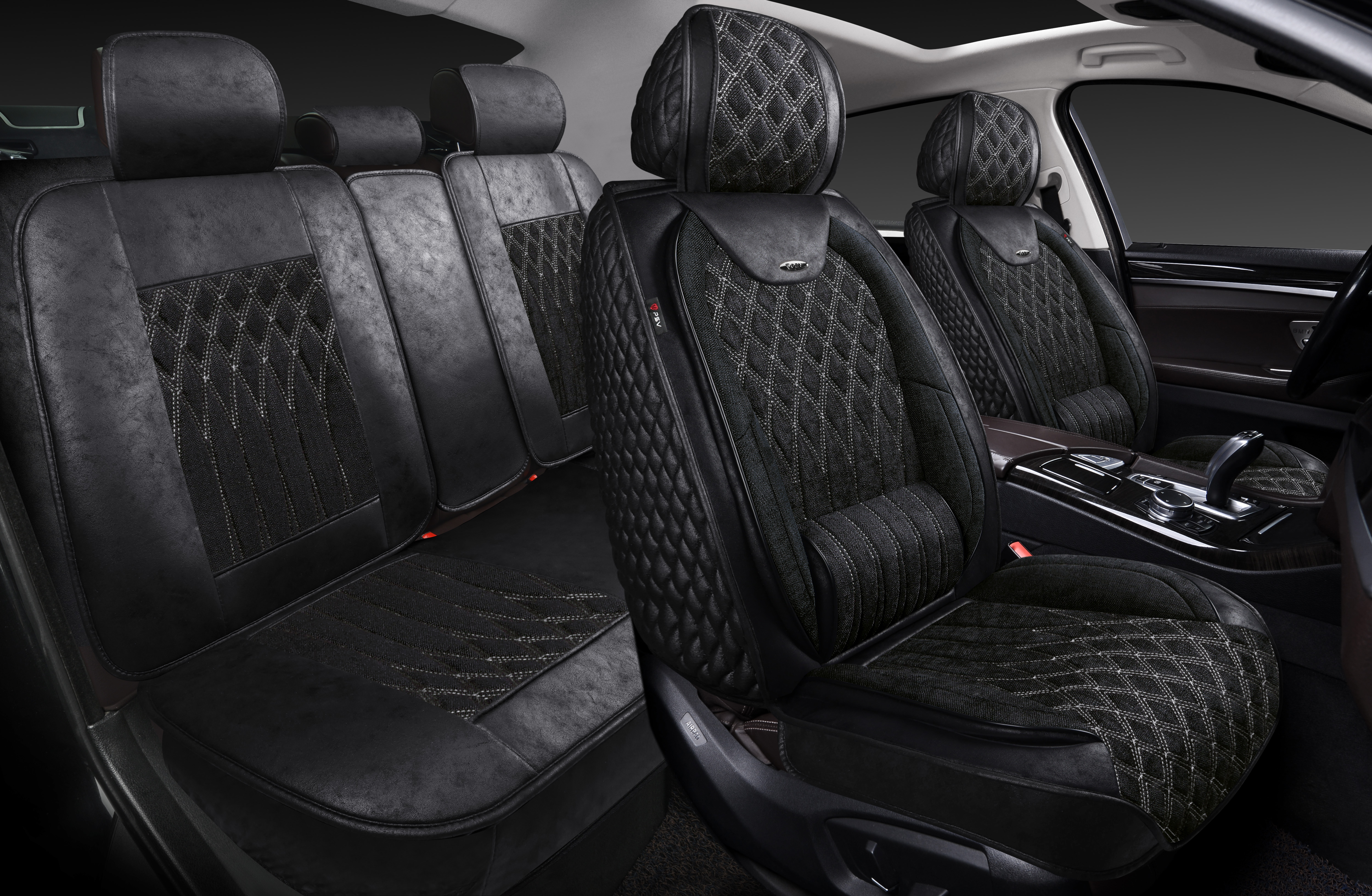 Накидки 5D PSV Galant Velvet Skin (Черный/Отстрочка Белая), комплект на весь салон, вельвет + мокрая кожа