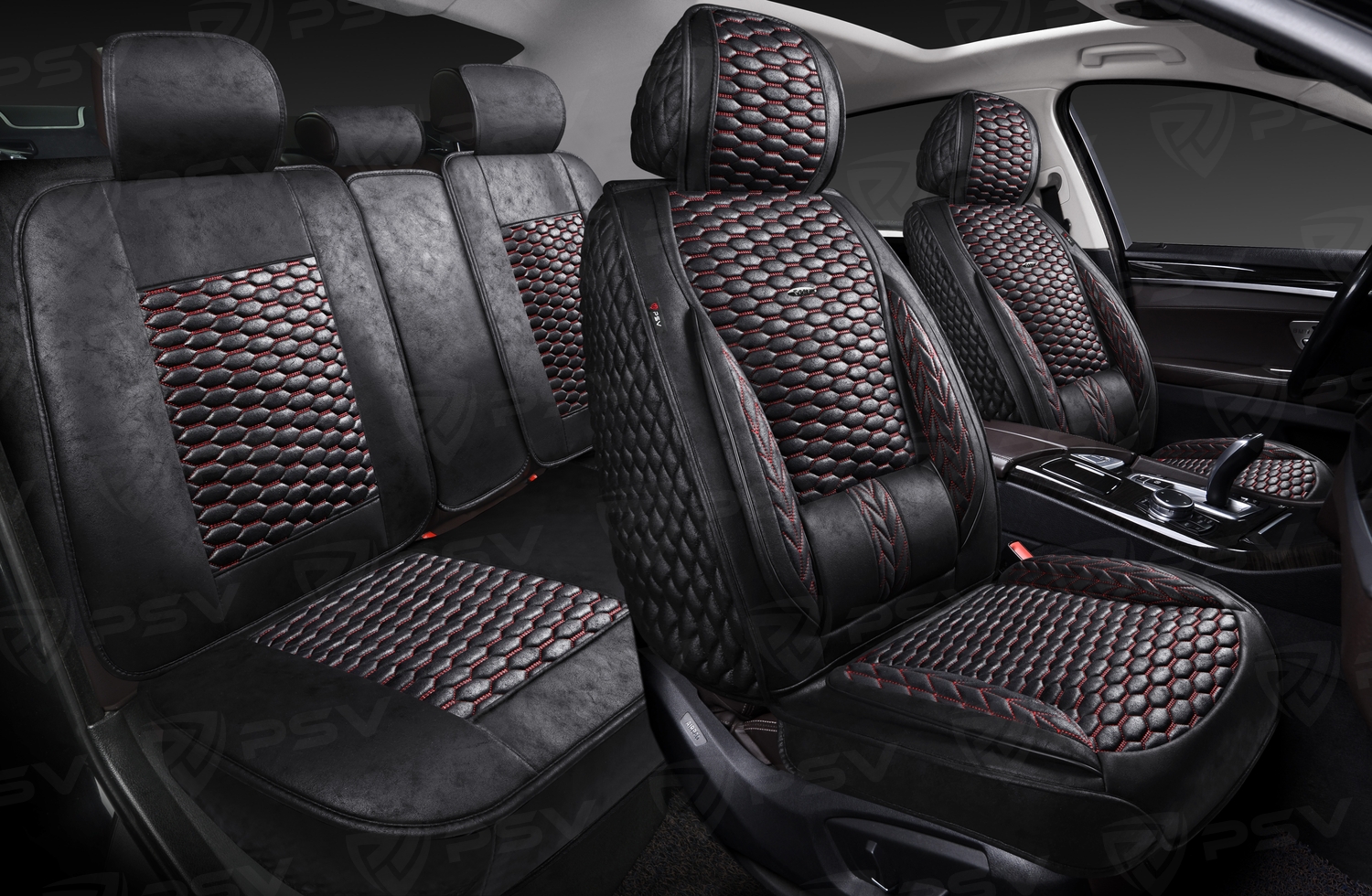 Накидки 5D PSV Armada Skin (Черный/Отстрочка Красная), комплект на весь салон, мокрая кожа