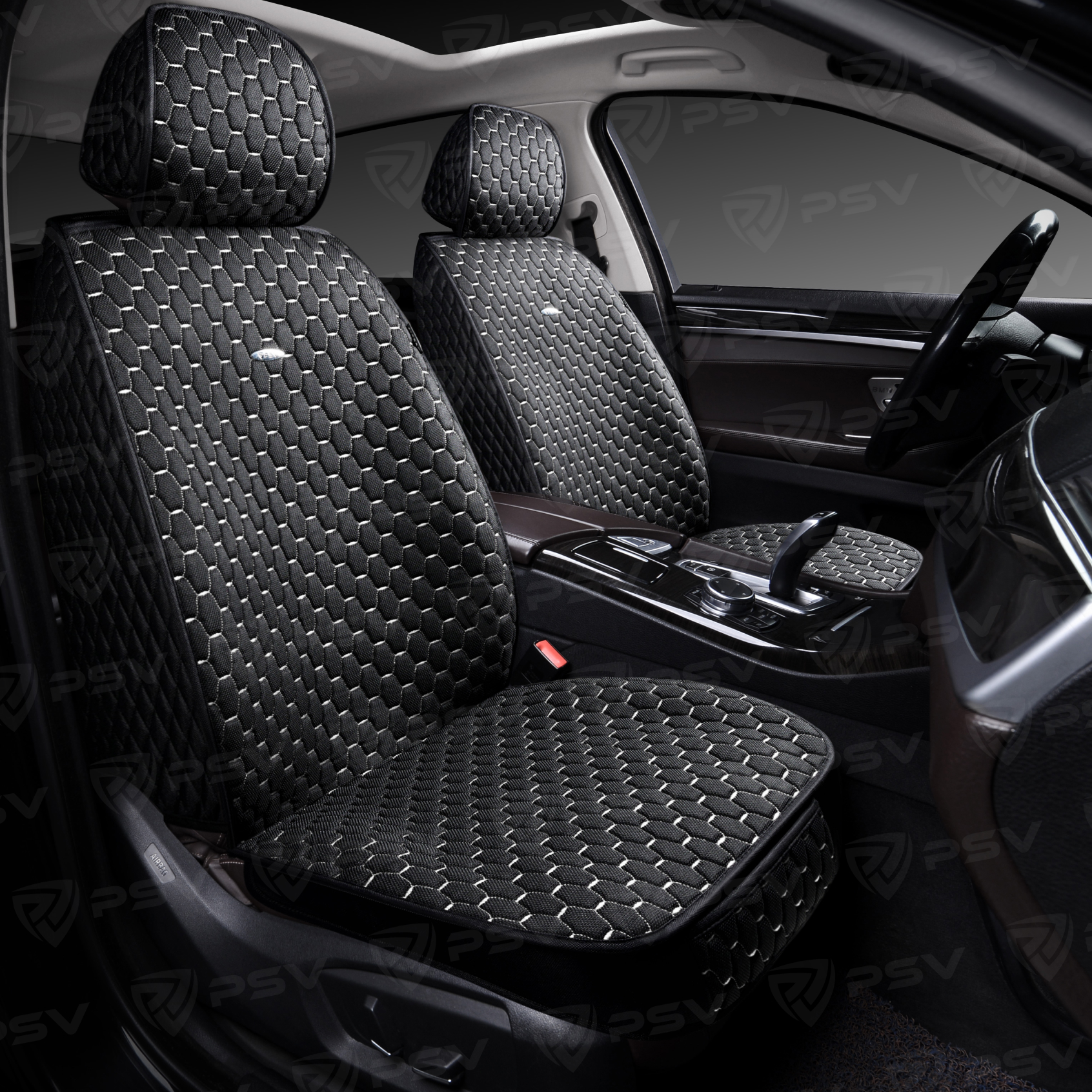 Накидки 5D PSV Drap 2 FRONT (Черный/Отстрочка Белая), на передние сиденья, драп