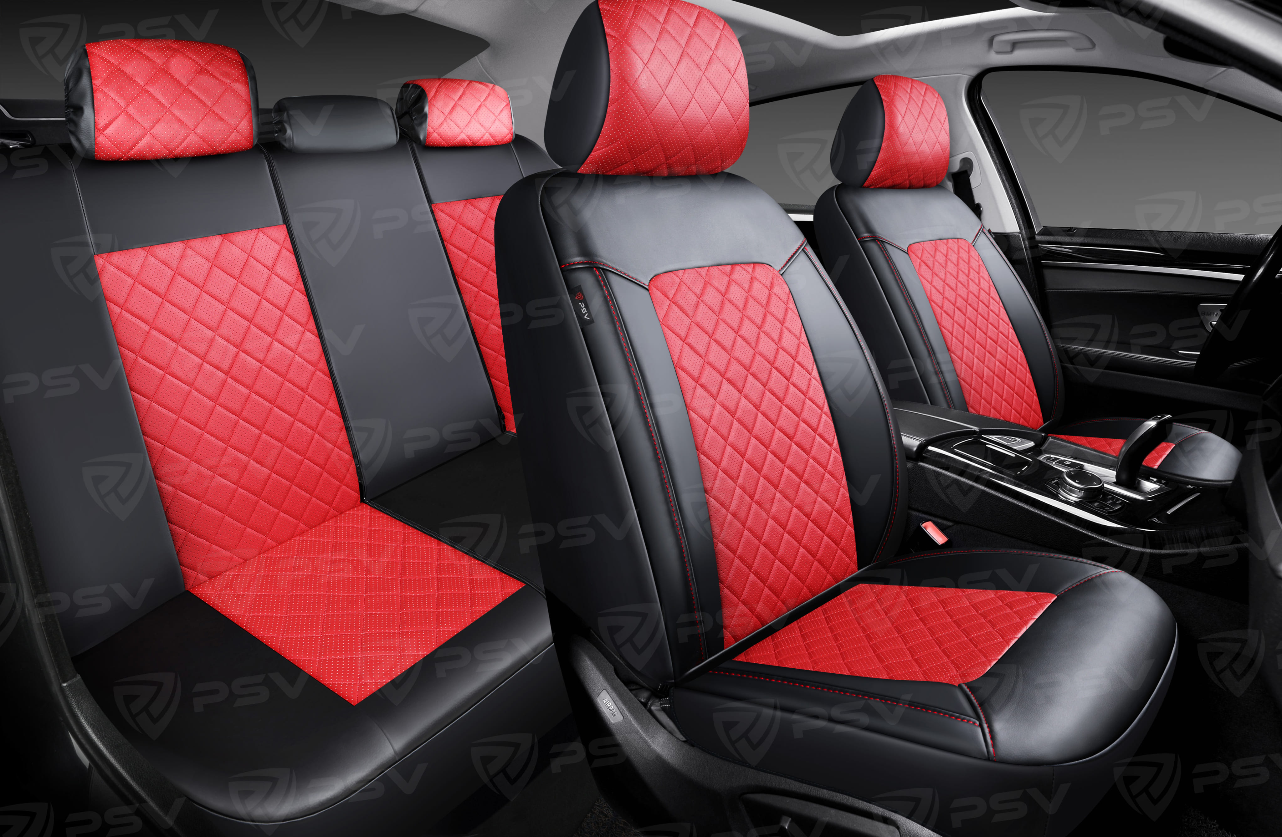 Чехлы PSV Elegant Next (Черный-Красный), ромб + экокожа (ХИТ ПРОДАЖ)