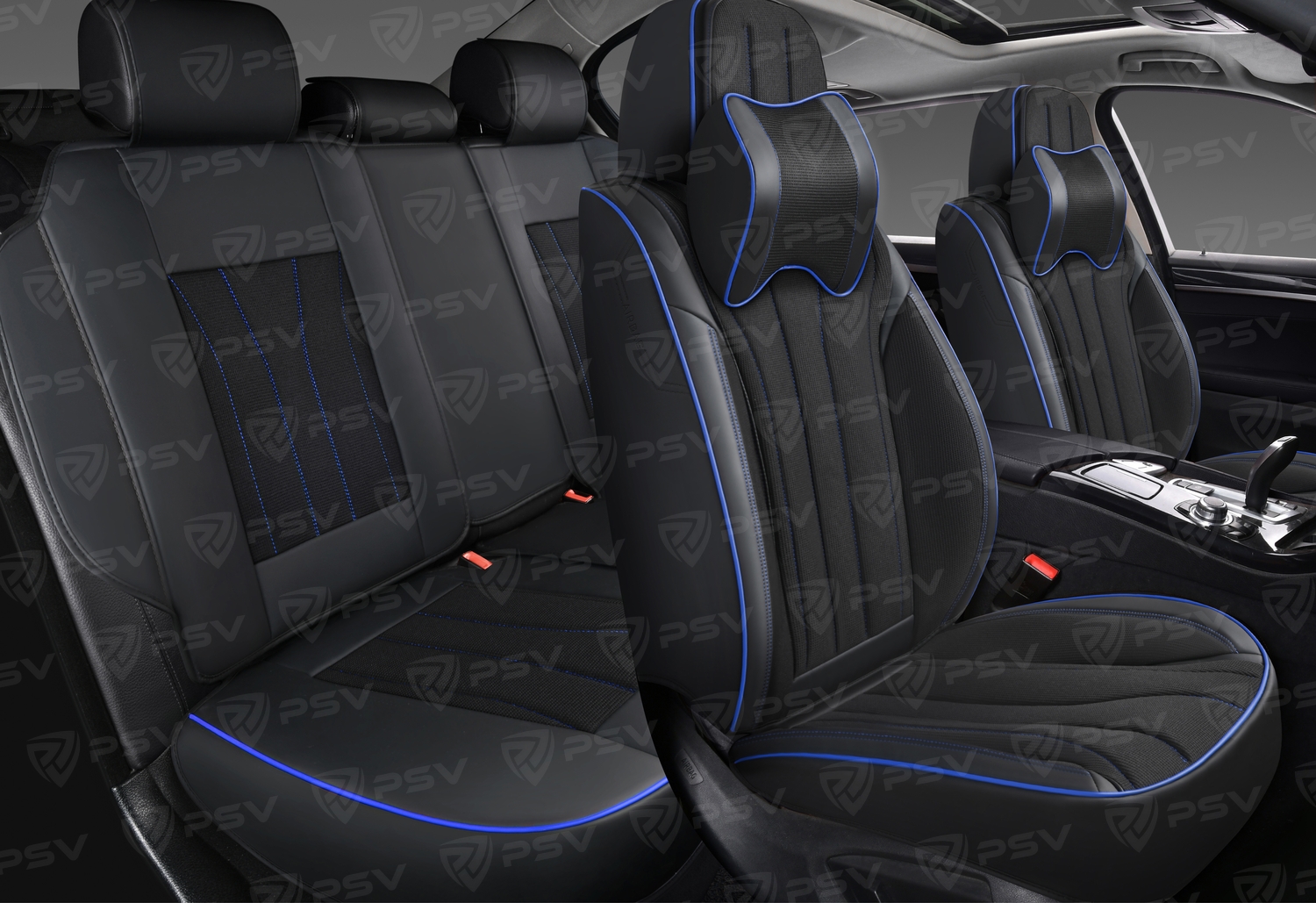 Накидки 5D PSV Wonder (Черный/Отстрочка синяя), комплект на весь салон