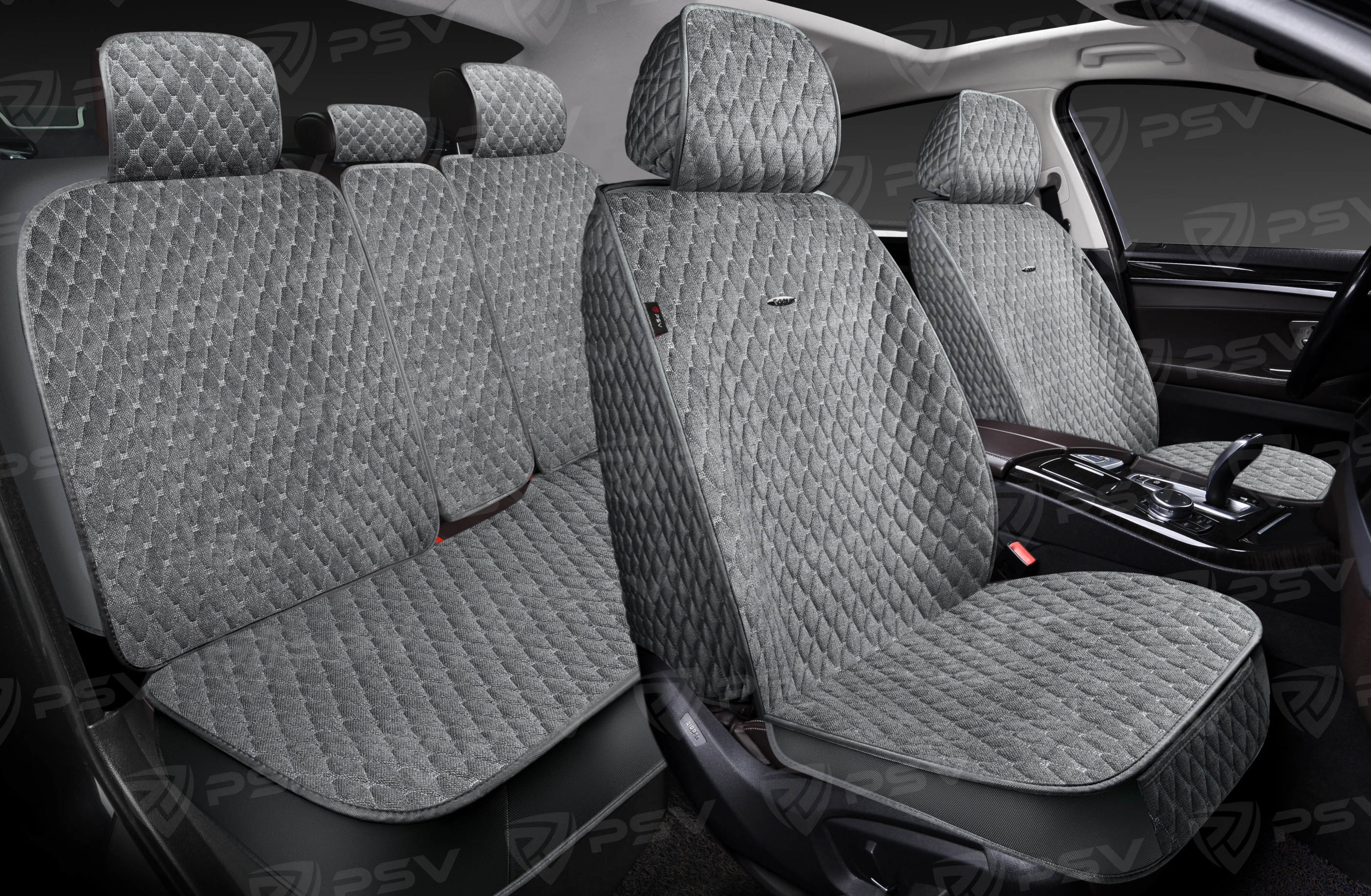 Накидки 5D PSV Velvet (Серый/Отстрочка Белая), комплект на весь салон, вельвет