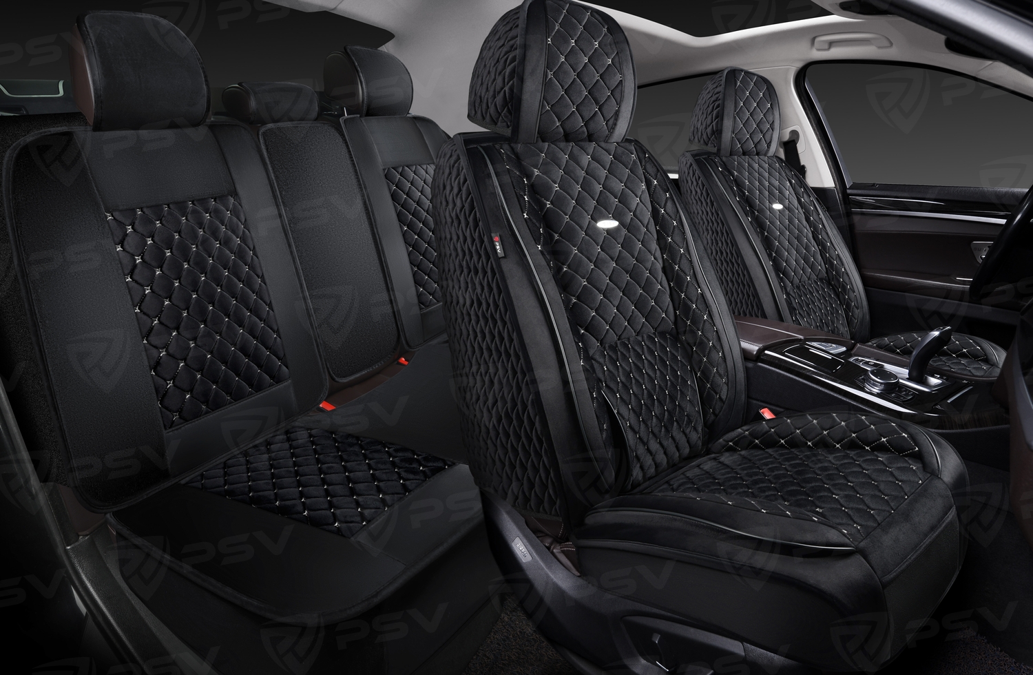 Накидки 5D PSV Favorit Velur (Черный/Отстрочка Белая), комплект на весь салон, велюр