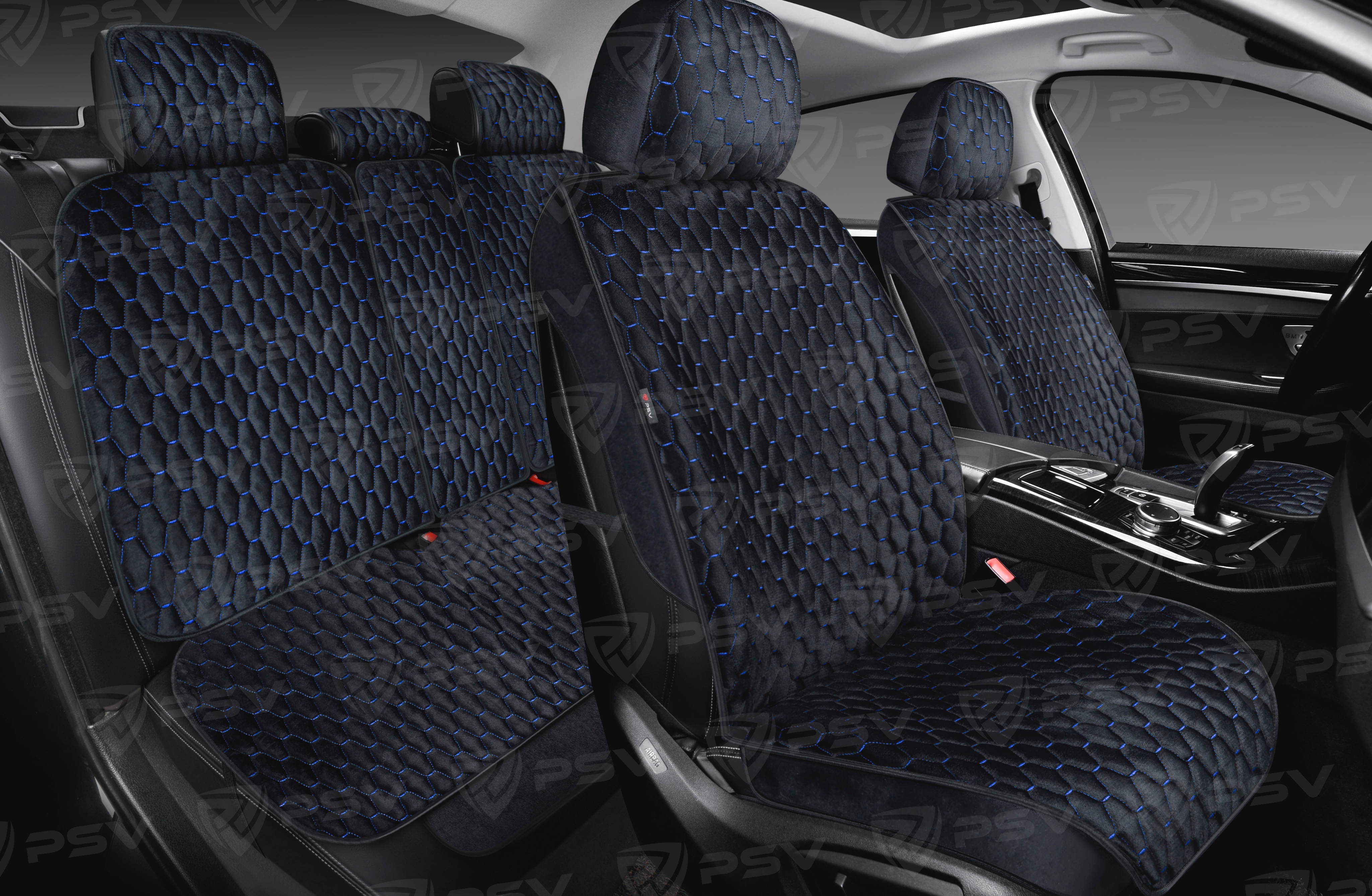 Накидки 3D PSV Loto Next (Черный/Отстрочка синяя), комплект на весь салон, велюр