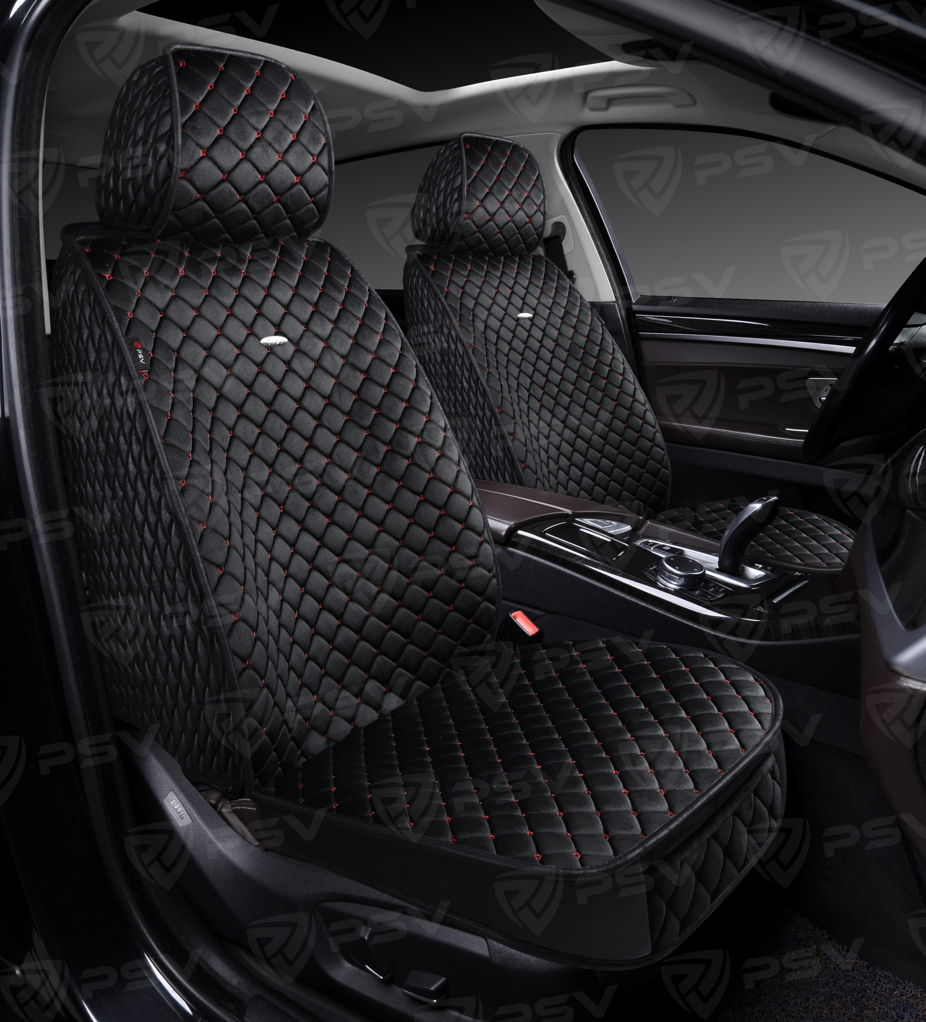 Накидки 5D PSV Velur 2 FRONT (Черный/Отстрочка Красная), на передние сиденья, велюр