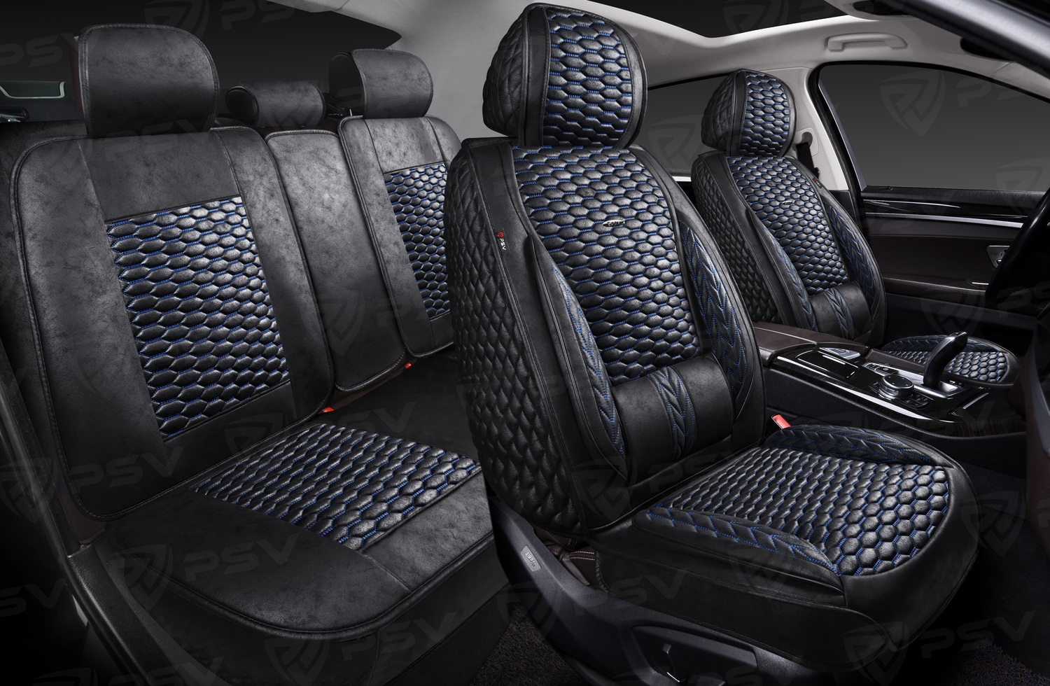 Накидки 5D PSV Armada Skin (Черный/Отстрочка Синяя), комплект на весь салон, мокрая кожа