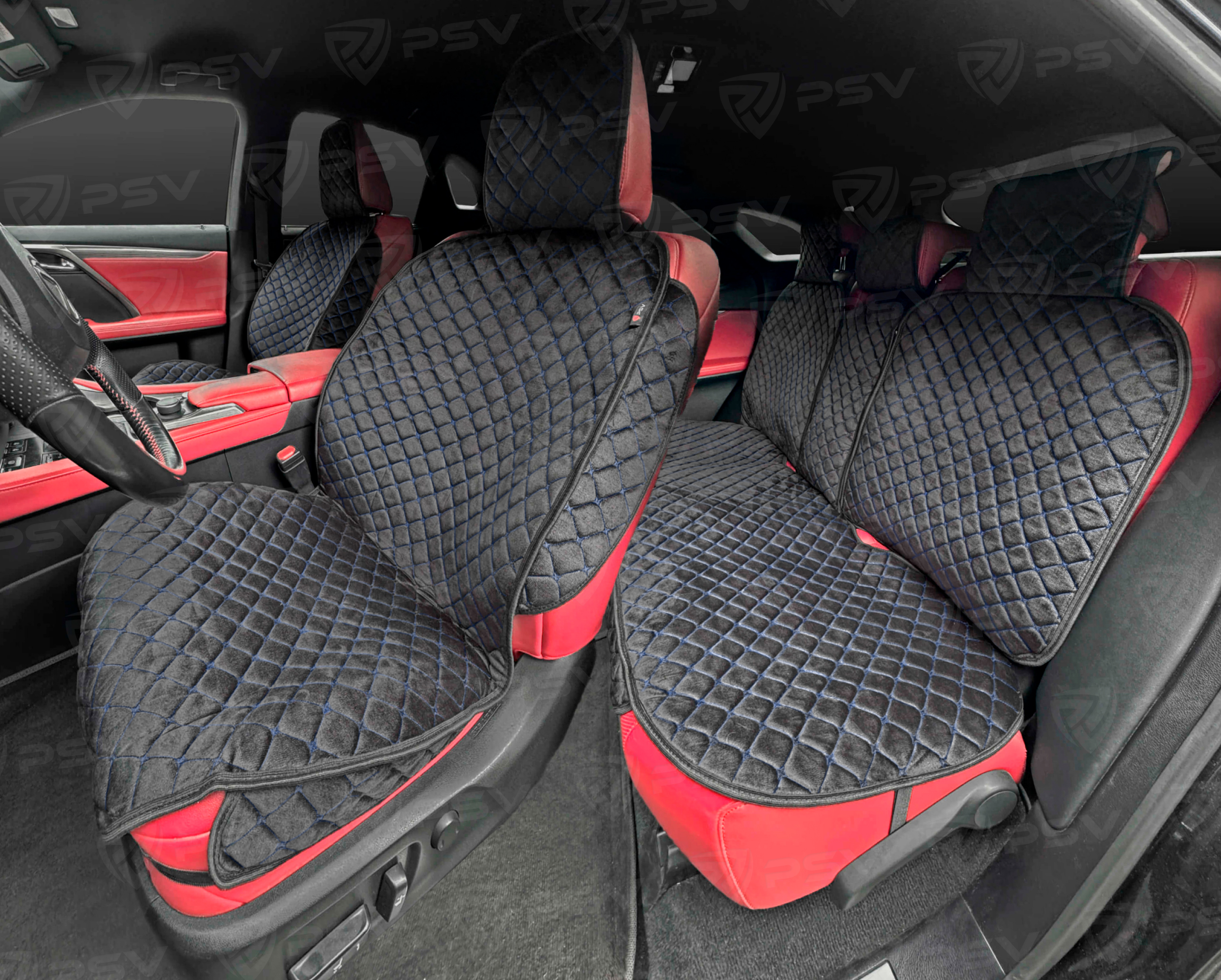Накидки 2D PSV Zvezda Next (Черный/Отстрочка синяя), комплект на весь салон, велюр