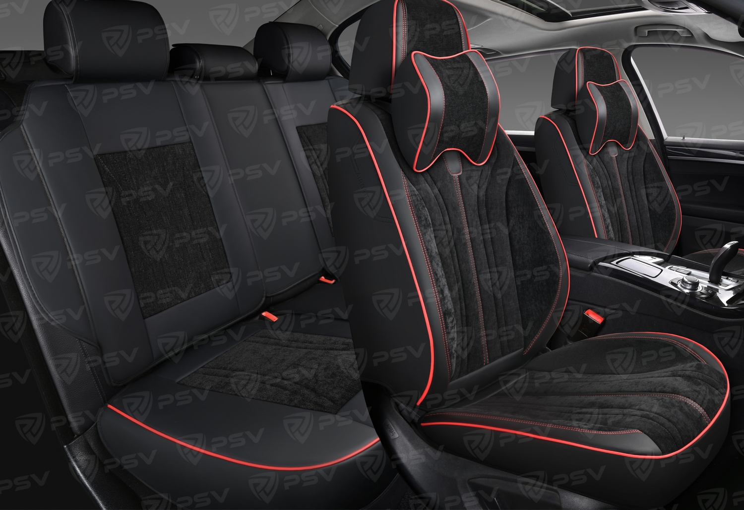 Накидки 5D PSV Grand (Черный/Отстрочка красная), комплект на весь салон