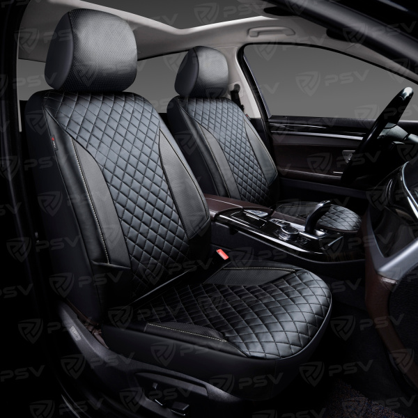 Чехлы PSV King Next 2 FRONT (Черный/отстрочка белая), терморомб + экокожа (ХИТ ПРОДАЖ)