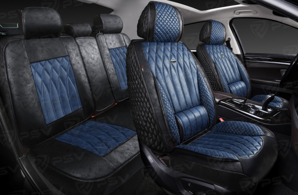 Накидки 5D PSV Titan Skin (Черно-Синий/Отстрочка Синяя), комплект на весь салон, мокрая кожа