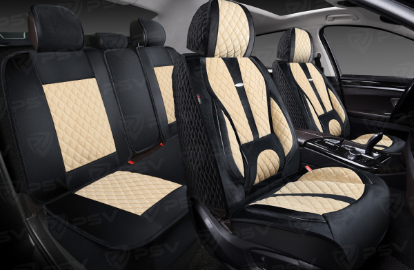 Накидки 5D PSV Korona Velur (Черно-Бежевый/Отстрочка Бежевая), комплект на весь салон, велюр