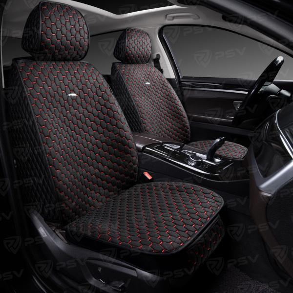 Накидки 5D PSV Drap 2 FRONT (Черный/Отстрочка Красная), на передние сиденья, драп