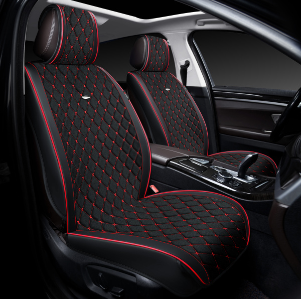 Накидки 3D PSV Baron 2 FRONT (Черный/Отстрочка красная), на передние сиденья, экокожа + лен