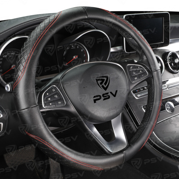 Оплетка на руль PSV CORRECT (Черный/Отстрочка красная) M, экокожа