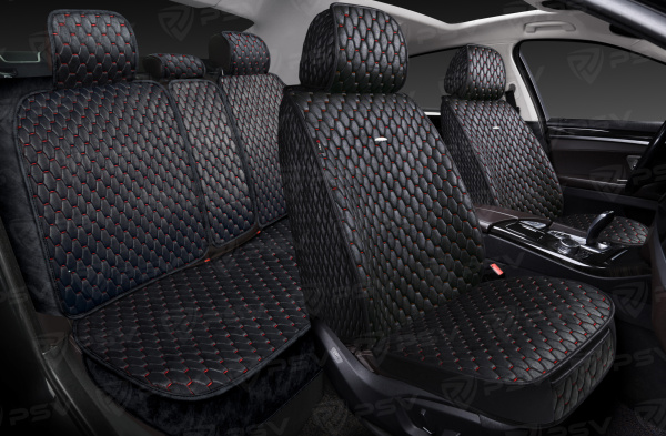 Накидки 5D PSV Skin (Черный/Отстрочка Красная), комплект на весь салон, мокрая кожа