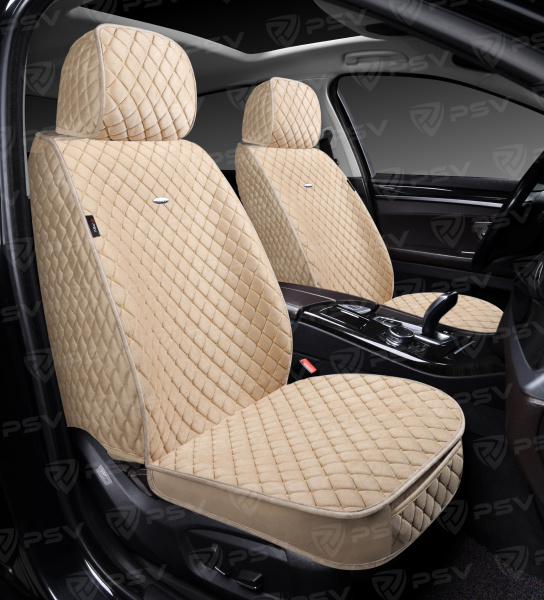 Накидки 5D PSV Velur 2 FRONT (Бежевый/Отстрочка Бежевая), на передние сиденья, велюр