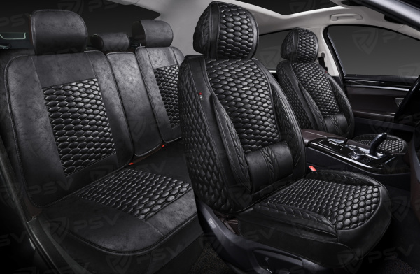 Накидки 5D PSV Armada Skin (Черный/Отстрочка Черная), комплект на весь салон, мокрая кожа