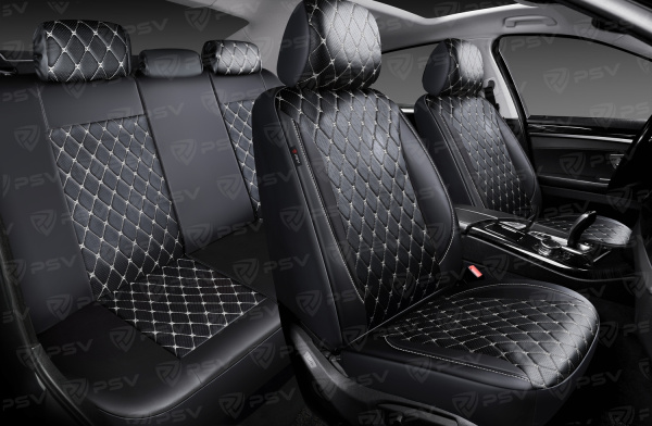 Чехлы PSV Graf Next (Черный/Ромб белый "Бабочка"/отстрочка белая), ромб + экокожа