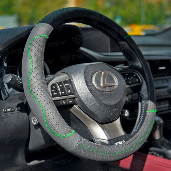 Оплетка на руль кожаная PSV KORONA (Черный/Отстрочка зеленая) M, с перфорацией