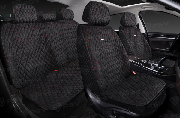 Накидки 5D PSV Velvet (Черный/Отстрочка Красная), комплект на весь салон, вельвет