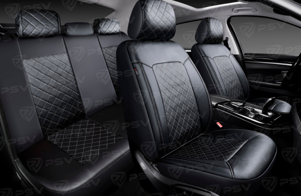 Чехлы PSV Elegant Next (Черный/Ромб серый/отстрочка серая), ромб + экокожа (ХИТ ПРОДАЖ)