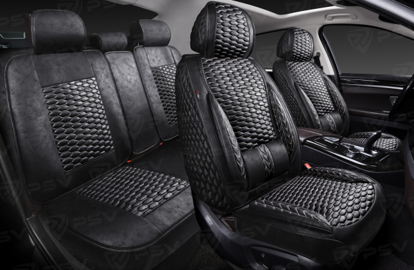 Накидки 5D PSV Armada Skin (Черный/Отстрочка Белая), комплект на весь салон, мокрая кожа