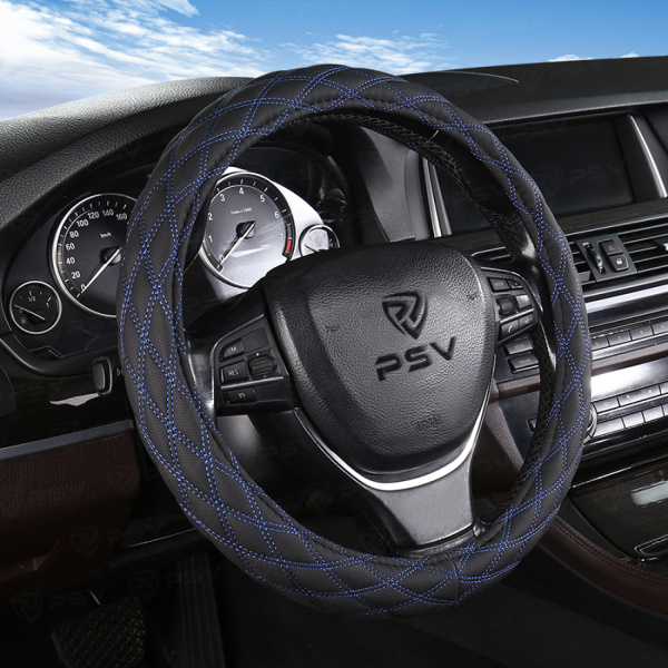 Оплетка на руль PSV RADIKAL (Черный/Отстрочка синяя) M, экокожа  (ХИТ ПРОДАЖ)