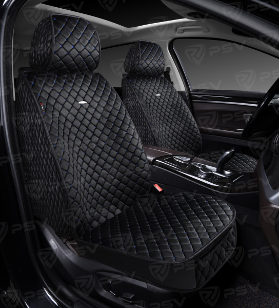 Накидки 5D PSV Velur 2 FRONT (Черный/Отстрочка Синяя), на передние сиденья, велюр
