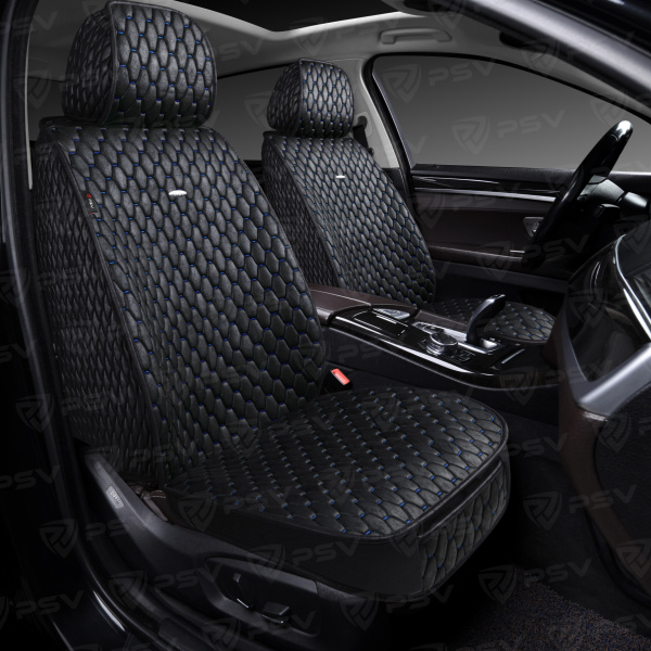 Накидки 5D PSV Skin 2 FRONT (Черный/Отстрочка синяя), на передние сиденья, мокрая кожа
