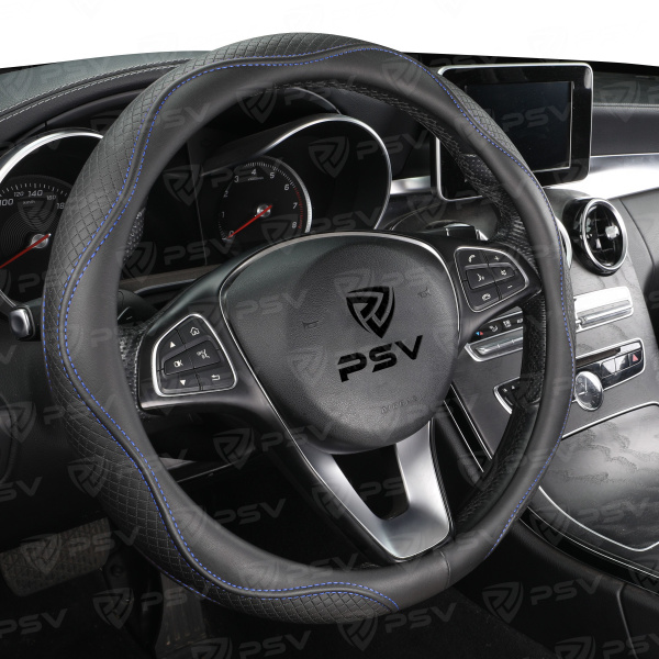 Оплетка на руль PSV ILLUSION (Черный/Отстрочка синяя) M, экокожа