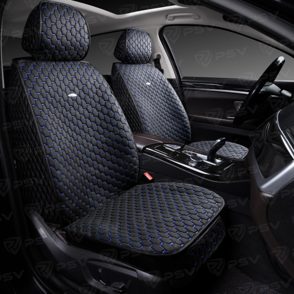 Накидки 5D PSV Drap 2 FRONT (Черный/Отстрочка Синяя), на передние сиденья, драп