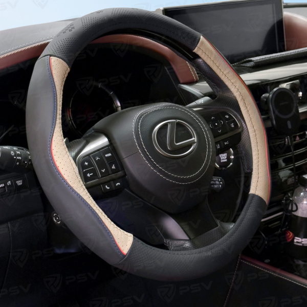 Оплетка на руль кожаная PSV MIX (Черно-серый/Кант красный) M, с перфорацией