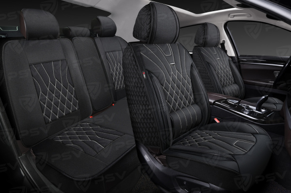 Накидки 5D PSV Matrix Drap (Черный/Отстрочка Белая), комплект на весь салон, драп
