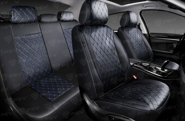 Чехлы PSV Graf Next (Черный/Ромб синий "Бабочка"/отстрочка синяя), ромб + экокожа