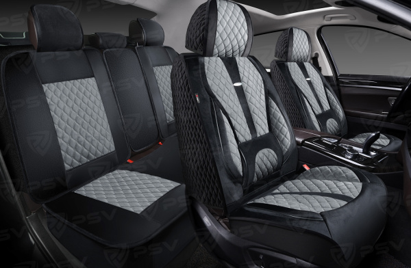 Накидки 5D PSV Korona Velur (Черно-Серый/Отстрочка Серая), комплект на весь салон, велюр