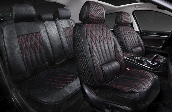 Накидки 5D PSV Titan Skin (Черный/Отстрочка Красная), комплект на весь салон, мокрая кожа