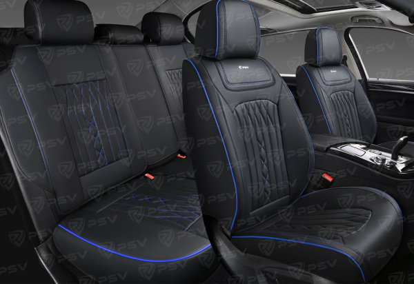 Накидки 5D PSV Exclusive (Черный/Отстрочка синяя), комплект на весь салон