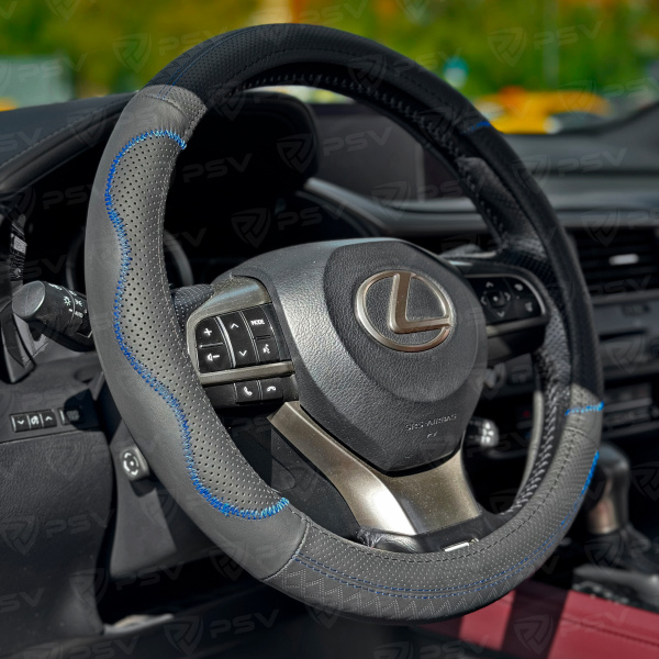 Оплетка на руль кожаная PSV KORONA (Черный/Отстрочка синяя) M, с перфорацией