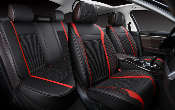 Накидки 3D PSV Expert (Черно-Красный), комплект на весь салон, экокожа + льняное плетение