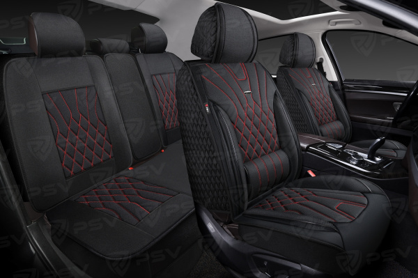 Накидки 5D PSV Matrix Drap (Черный/Отстрочка Красная), комплект на весь салон, драп