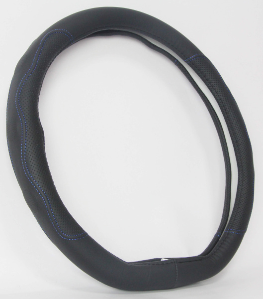 Оплетка на руль кожаная PSV KONTROL CORNER со скошенным низом (Черный/Отстрочка синяя) M, с перфорацией
